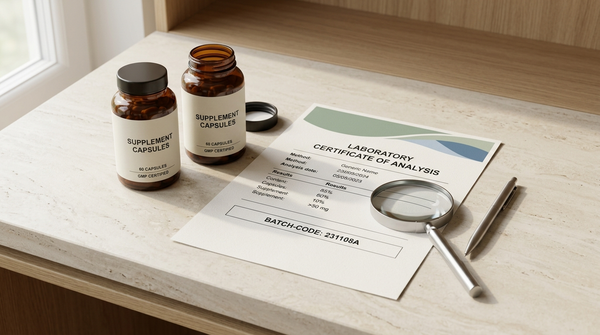 Generic supplement bottles beside a laboratory certificate and magnifying glass for checking third-party testing