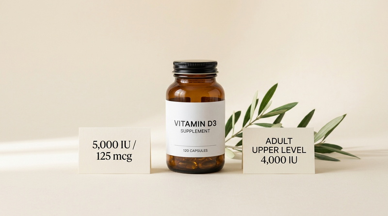 Vitamin D3 bottle beside a dose card comparing 5,000 IU with the 4,000 IU adult upper intake level.