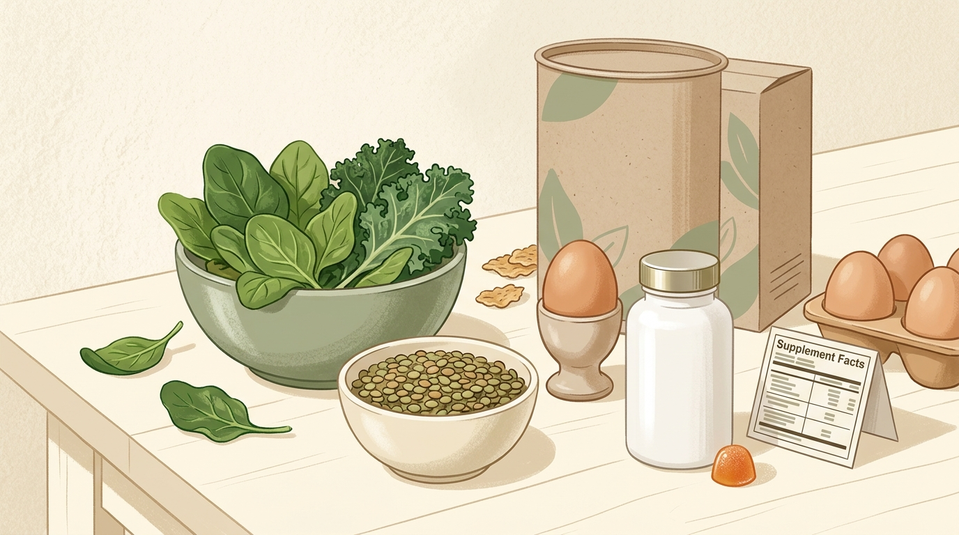 Food sources, prenatal tablets, and gummies arranged for a food-based prenatal vitamin comparison