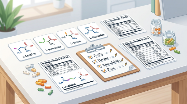 Supplement labels comparing lysine and L-lysine forms with an amino acid checklist
