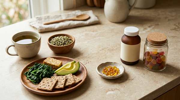 Supplement options for stress and focus, including L-theanine tea, magnesium-rich foods, omega-3, vitamin D, and probiotic gummies.