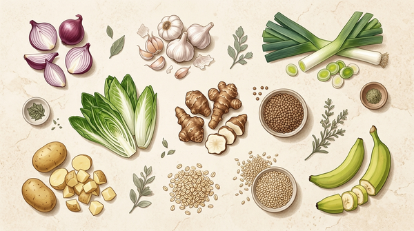 Garlic, onions, legumes, oats, green banana, and cooled potatoes arranged as prebiotic food sources