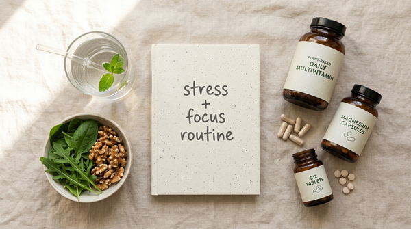 Stress and focus supplement routine with magnesium, B12, iron, omega-3 foods, and a notebook on a clean neutral desk.