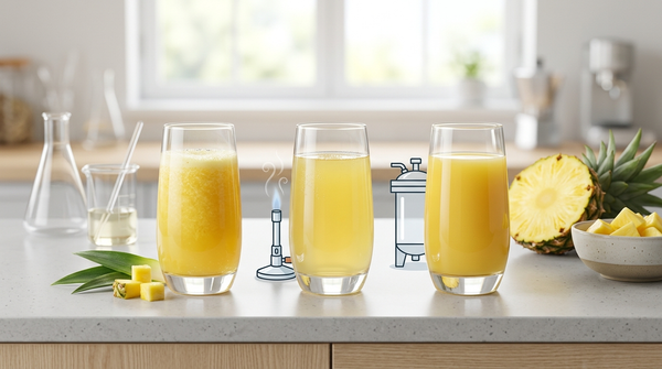 Fresh, heat-pasteurized, and high-pressure-processed pineapple juice compared beside a cut pineapple.