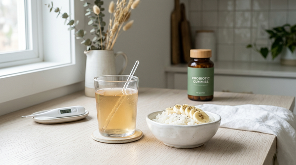 Oral rehydration drink and simple foods placed ahead of an optional probiotic during food-poisoning recovery