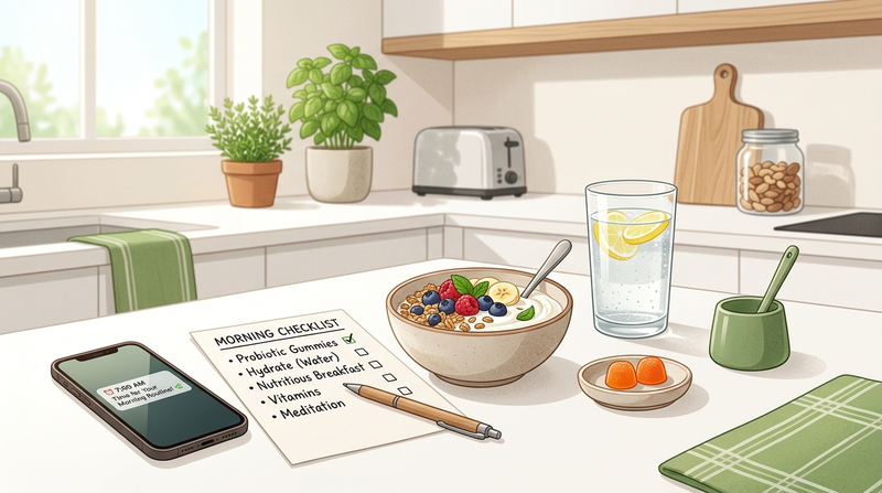 Morning probiotic routine with gummies, breakfast, water, and a reminder for consistent timing.