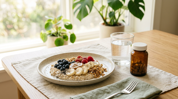 DGL licorice supplement bottle beside breakfast and water to illustrate meal timing