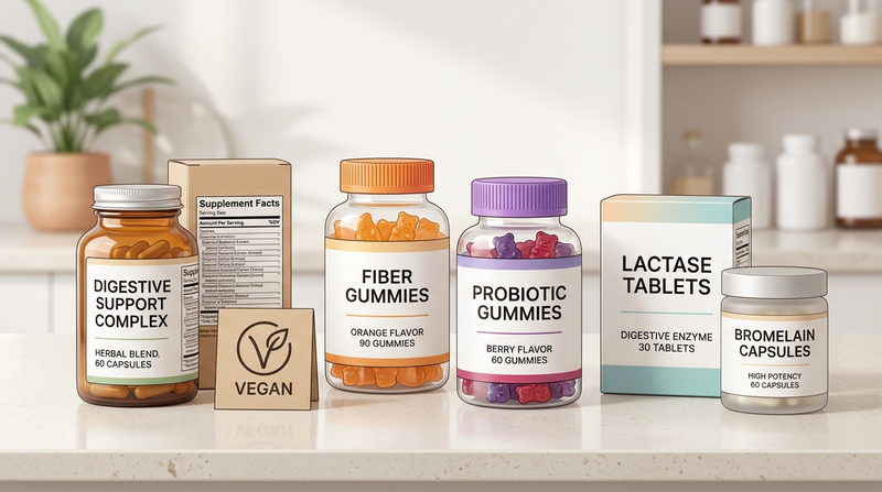 Clean-label digestive support supplements arranged with Supplement Facts and ingredient-check cues.
