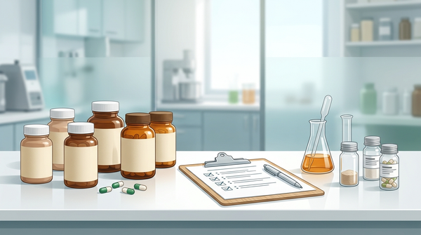 Supplement quality checklist with blank bottles, lab glassware, and sealed testing samples.