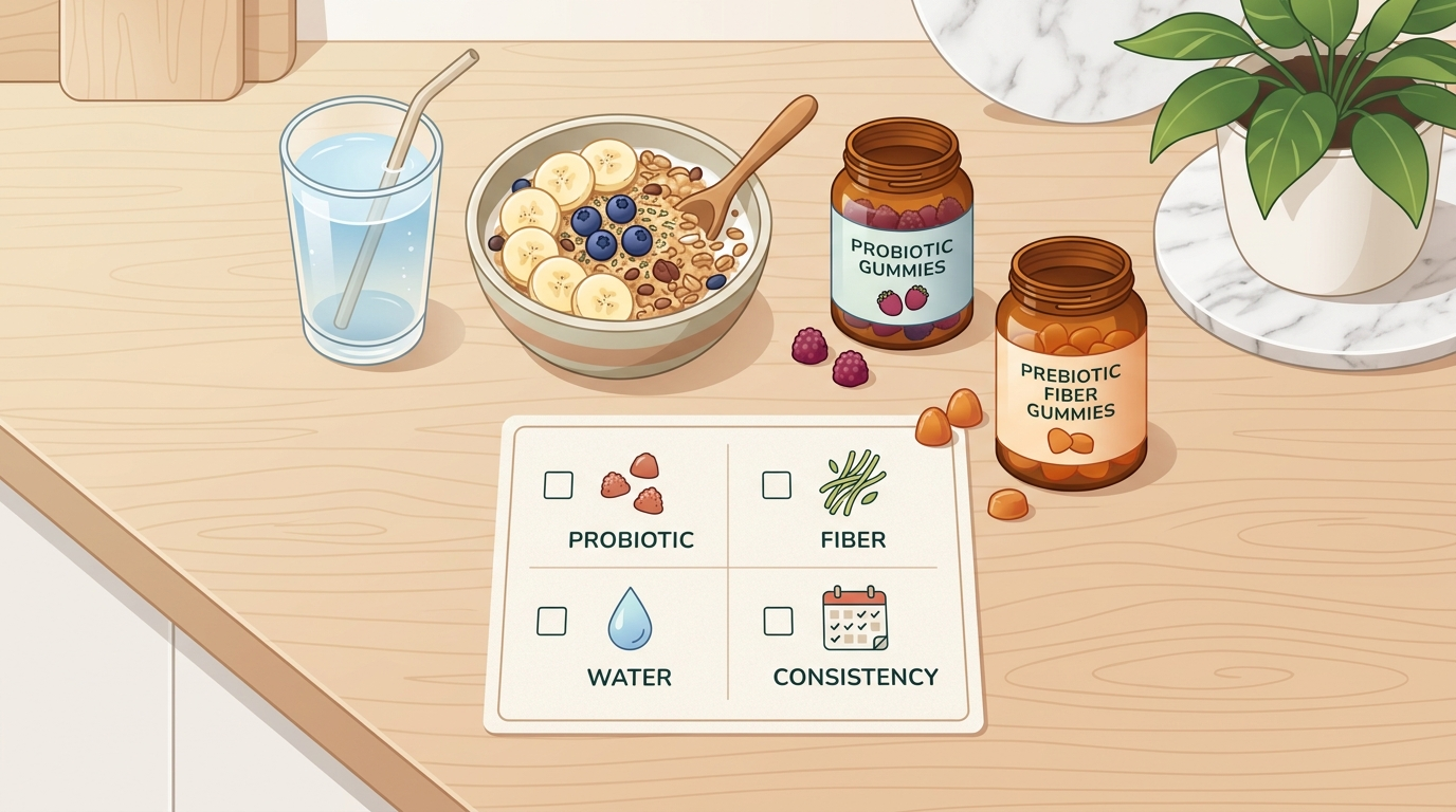 Probiotic gummies and prebiotic fiber gummies arranged with water and a daily timing checklist