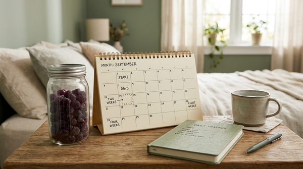 Probiotic gummies beside a calendar showing two-, four-, and eight-week review points