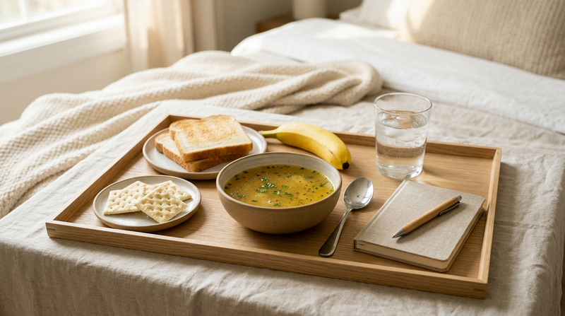 Bland recovery foods and hydration items that are commonly tolerated after food poisoning.