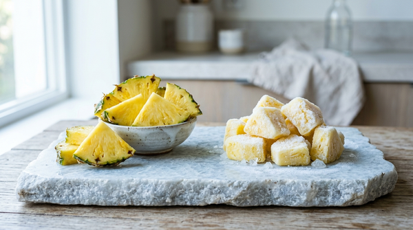 Fresh pineapple wedges beside frozen pineapple chunks with visible ice crystals