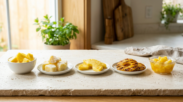Fresh, frozen, warmed, grilled, and canned pineapple compared for bromelain retention