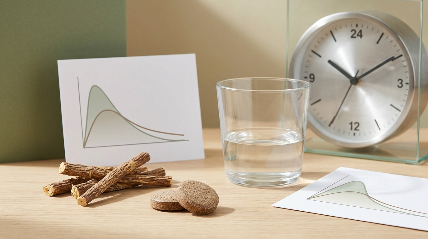 DGL licorice chewables, licorice root, and a 24-hour clock illustrating uncertainty about clearance time