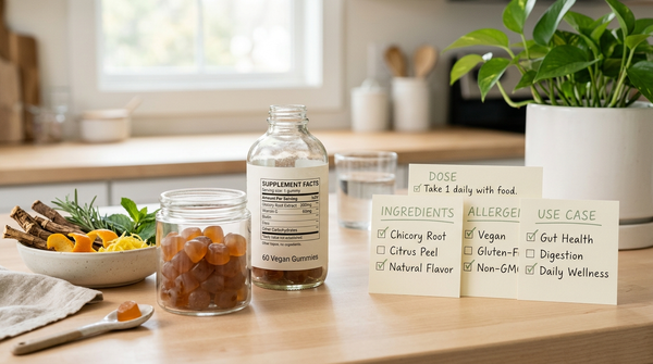 Clean-label digestive supplement checklist with vegan gummies, chicory root, citrus peel, and supplement facts label.