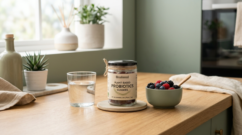 Gluten-free probiotic comparison scene with gummy supplement jar, berries, and clean wellness styling.