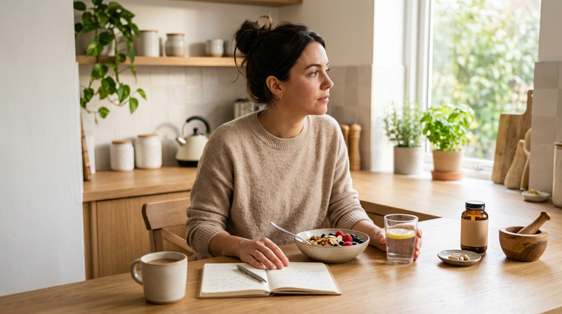 Adult reviewing a morning wellness routine with water, breakfast, and notes about energy and mental clarity