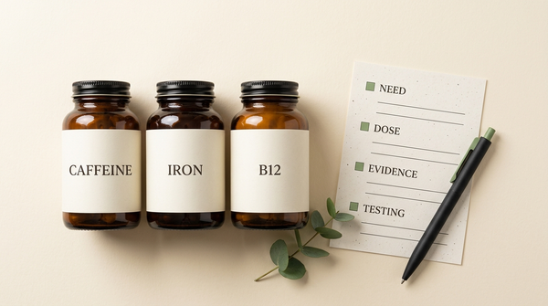 Caffeine, iron, and vitamin B12 supplement bottles beside a checklist for matching an ingredient to an energy need.