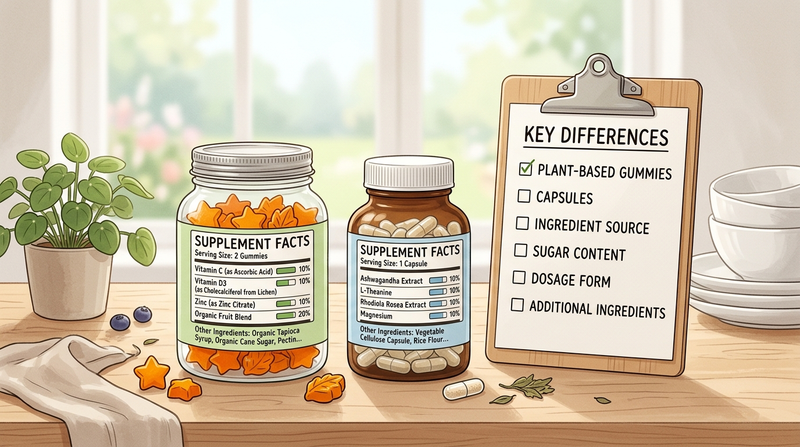 Supplement Facts labels and plant-based supplements arranged with a purity and potency checklist