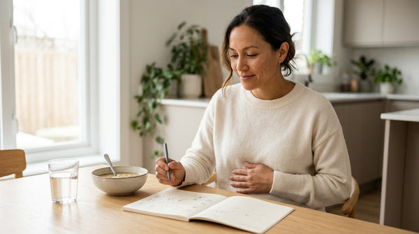 Woman tracking abdominal bloating on a menstrual cycle calendar