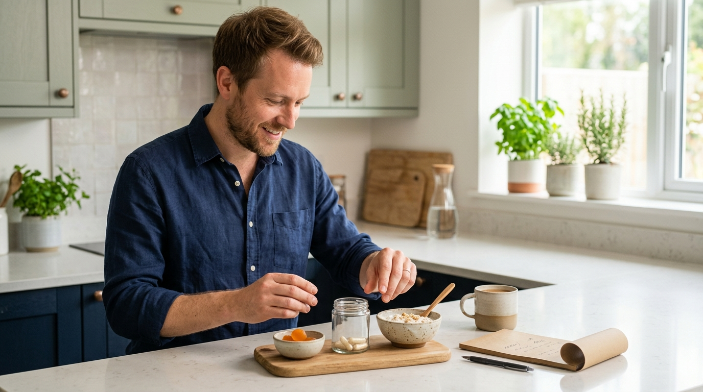 Man comparing probiotic gummies, capsules, and fermented food for an everyday gut-health routine