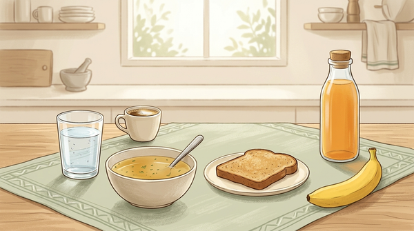 Water, broth, toast, banana, and a small coffee arranged for gradual recovery after food poisoning