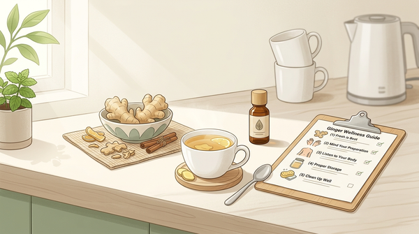 Fresh ginger tea and ginger essential oil beside a safety checklist.