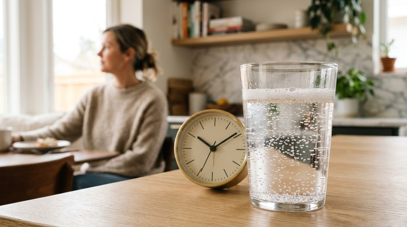 Carbonated drink beside a clock illustrating the timeline of temporary soda bloating.