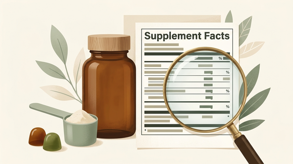Capsule, gummies, and powder beside a magnifying glass used to review a supplement label
