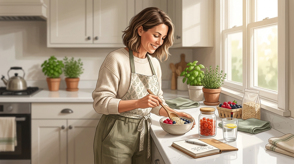 Midlife woman preparing breakfast beside probiotic gummies and a wellness notebook