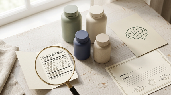 Supplement labels, certification document, and magnifying glass used to evaluate brain health product quality.
