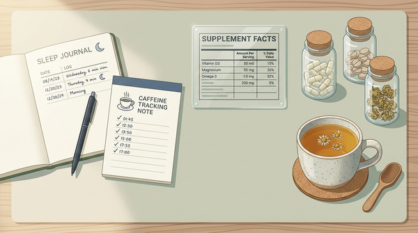 Clean-label supplements beside a caffeine log and sleep journal for comparing racing-mind routines.