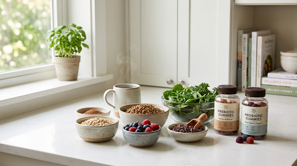 Food-first gut health routine with fiber-rich foods and Yuve digestion support gummies.