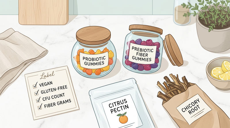 Gluten-free vegan gut health supplements with label checklist for CFU and fiber grams