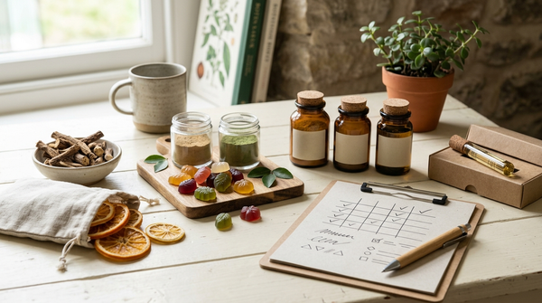 Plant ingredients, quality records, laboratory sample, and packaging arranged to represent responsible supplement sourcing