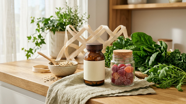 Probiotic gummies, fiber-rich foods, and a woven motif representing the intestinal barrier