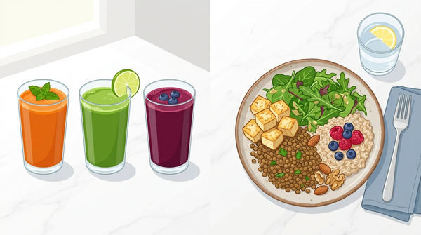Three fruit and vegetable juices compared with a balanced whole-food meal of protein, fiber, produce, and healthy fats