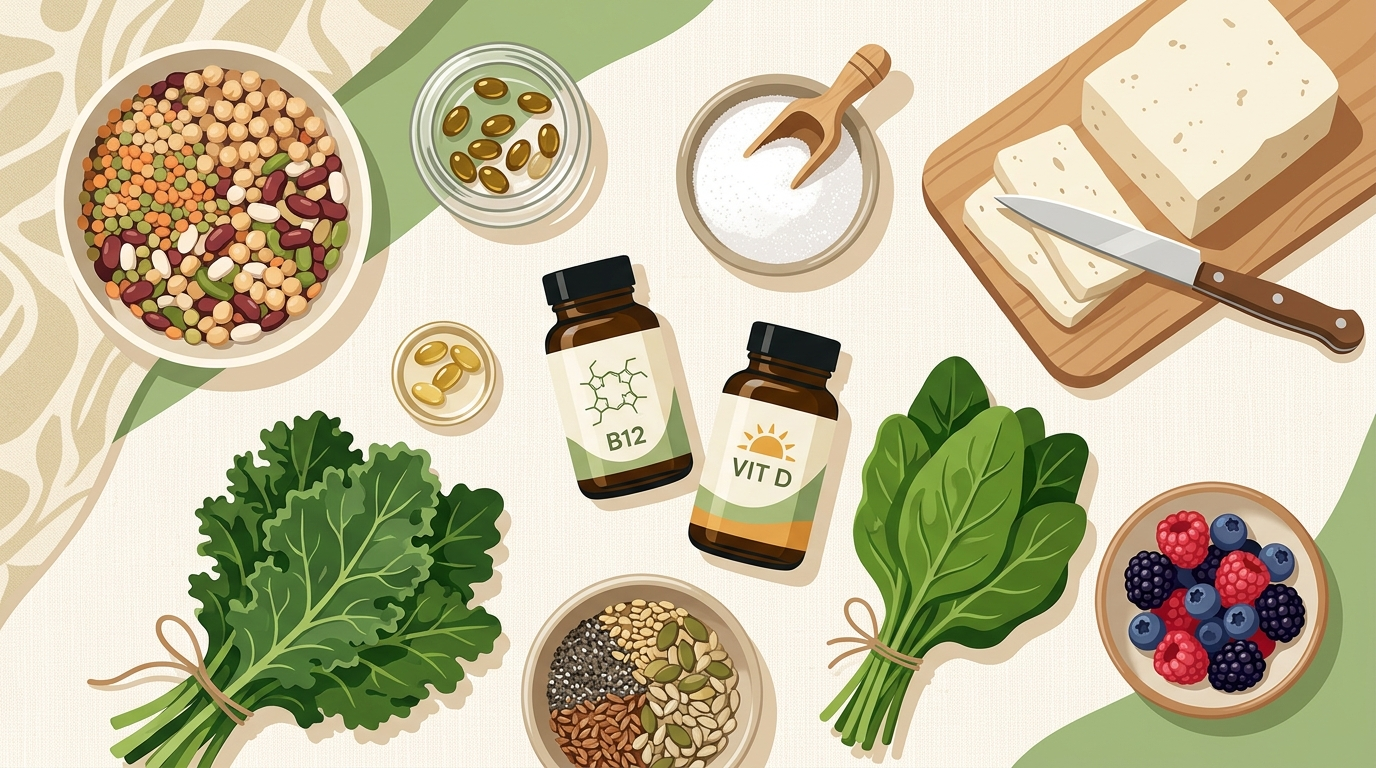 Plant-based supplement categories and whole foods arranged to represent B12, vitamin D, iodine, omega-3, iron, and protein.