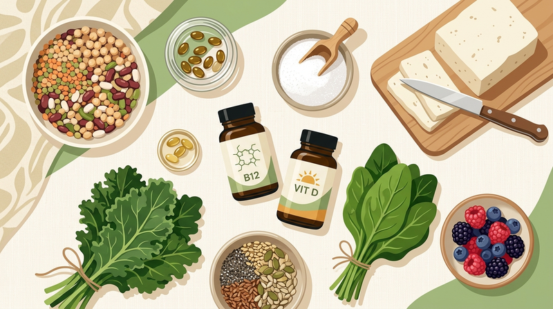 Plant-based supplement categories and whole foods arranged to represent B12, vitamin D, iodine, omega-3, iron, and protein.