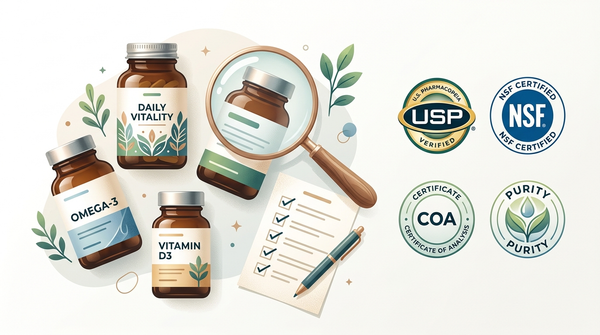Supplement quality checklist with third-party testing symbols.
