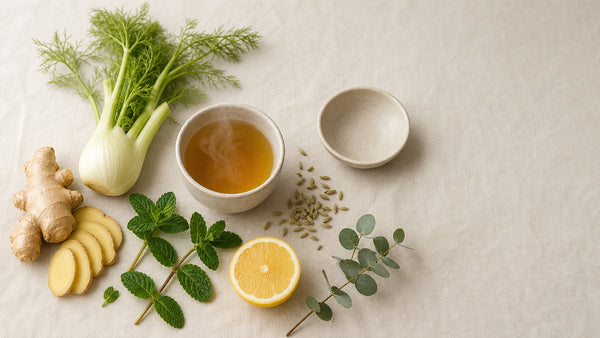 Editorial flat-lay photograph of bloating before period, natural light, no text