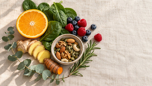 Editorial flat-lay photograph of bromelain vs quercetin, natural light, no text
