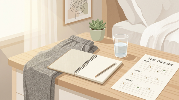 First-trimester wellness setup with notebook, water, comfortable clothing, and calendar for tracking early bloating symptoms.