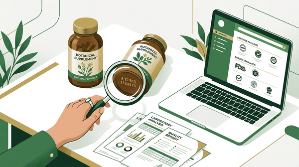 Supplement bottles, lot code, lab report, and certification directory used to verify third-party testing