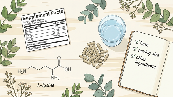 Supplement facts label and L-lysine checklist showing form, serving size, and other ingredients.