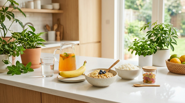 Gentle gut recovery routine with fluids, bland foods, and probiotic gummies after diarrhea.