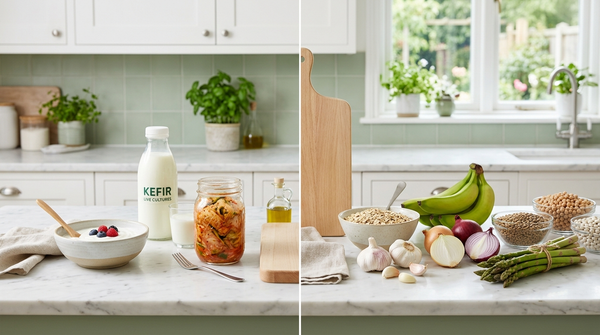 Probiotic foods and prebiotic fiber foods arranged side by side on a bright kitchen counter.