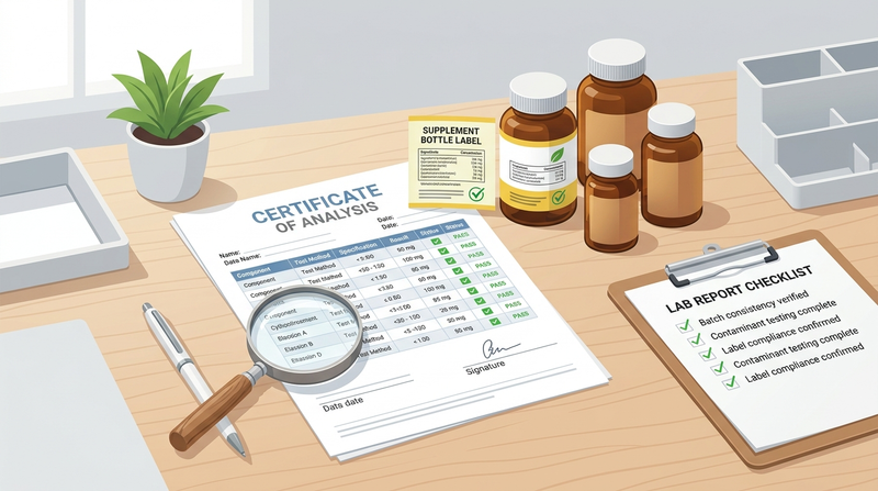 Supplement label, certificate of analysis, magnifying glass, and lab report checklist used to verify third-party testing.