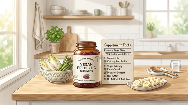 Vegan prebiotic fiber gummies with chicory root and fiber-rich foods on a clean kitchen counter.
